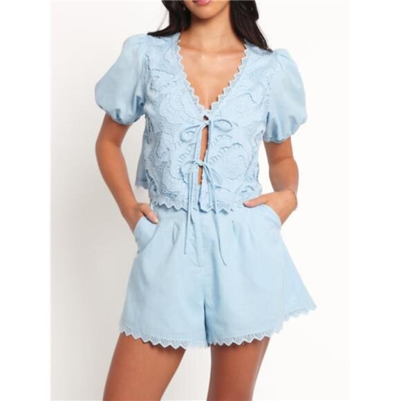 Lace Detail V-Neck Top and Shorts Set - Picture 1 of 5